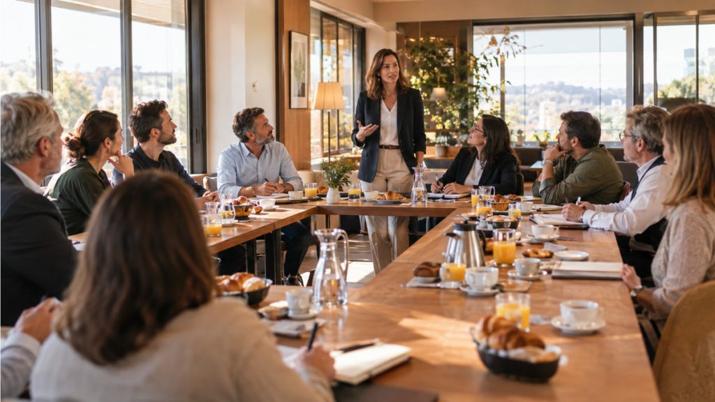Dirigeants d'entreprise échangeant lors d'une rencontre de club d'affaires autour d'un petit-déjeuner