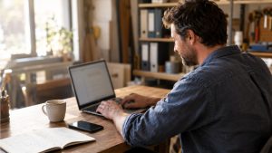 Dirigeant de TPE rédigeant un mail de prospection sur son ordinateur portable