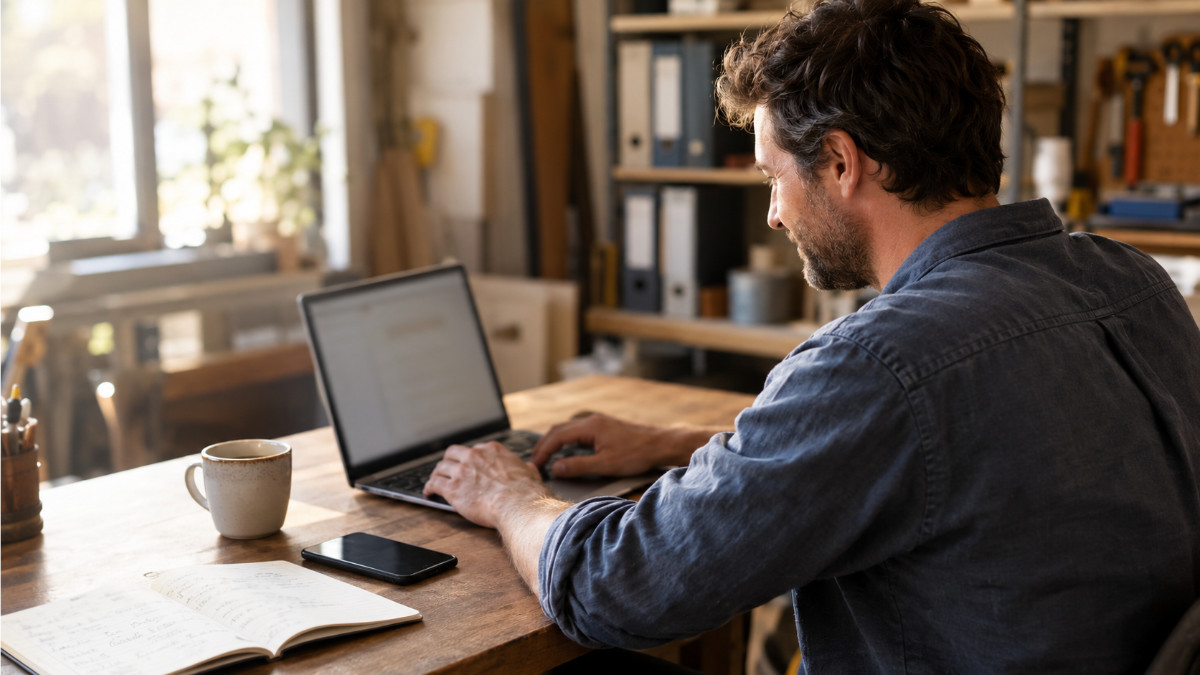 Dirigeant de TPE rédigeant un mail de prospection sur son ordinateur portable